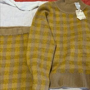 Hem & Thread Mustard Plaid Knit Sweater Skirt Set NWT Size Large